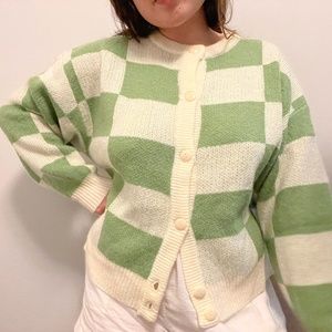 Lisasaysgah soft wool blend cardigan sweater green & ivory check print